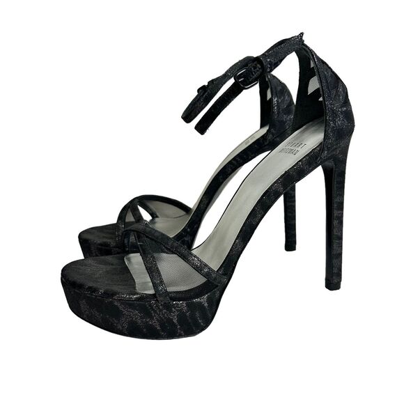 STUART WEITZMAN Heels Womens 8.5M Black Platform Ankle Strap Glitter Tizyou - Picture 2 of 12